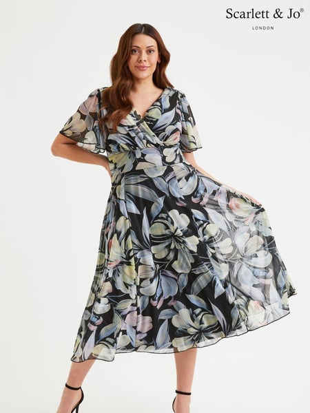Scarlett & Jo Black Blue & Green Floral Victoria Angel Sleeve Mesh Midi Dress (E01451) | € 66