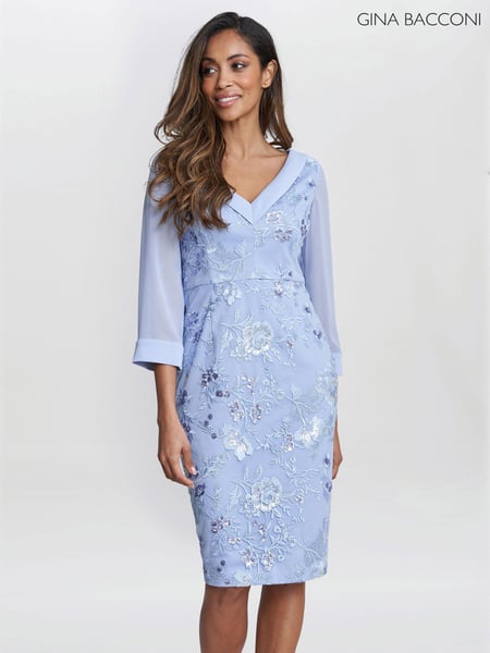 Gina Bacconi Blue Daisy Crepe Dress With Embroidery (E01628) | € 249