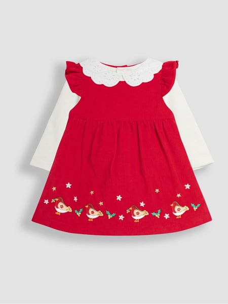 JoJo Maman Bébé Red Baby Robin Embroidered Cord  Dress and Body Set (E01706) | € 54