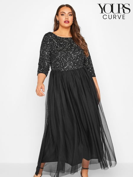 Yours Curve Black Luxe Embellished Long Sleeve Maxi Dress (E02763) | € 78