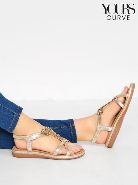 Yours Curve Gold Glitter Extra Wide Fit Floral Diamante Studded Sandals (E02780) | € 45