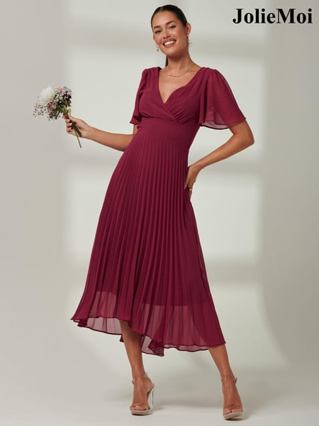 Jolie Moi Red Elene Pleated High Low Chiffon Maxi Dress (E03837) | € 117
