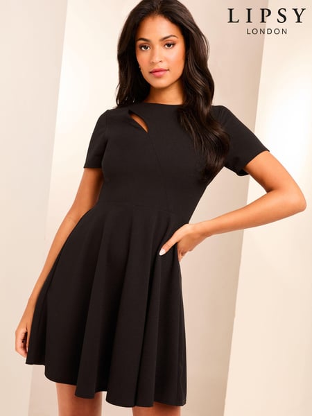 Lipsy Black Short Sleeve Splice Cut Out Skater Mini Dress (E04621) | € 46