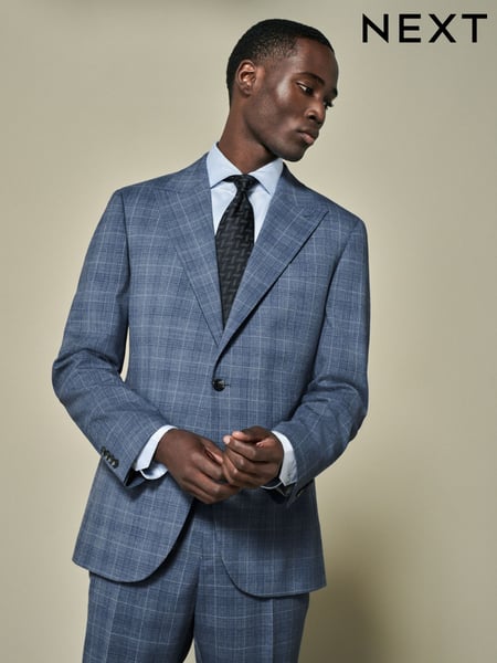 Blue Tailored Fit Wool Blend Check Jacket (E04820) | € 170