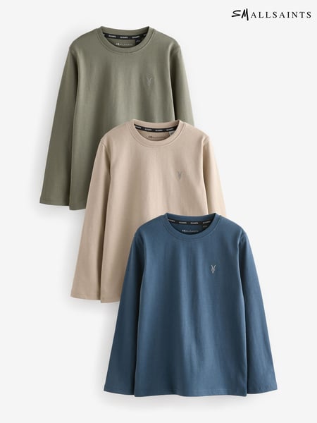 smALLSAINTS Navy/Khaki Boys Brace Crew Long Sleeve 100% Cotton T-Shirts 3 Pack (E05326) | € 25 - € 28