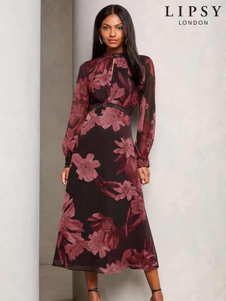 Lipsy Red Printed Woven Long Sleeve Underbust Midi Dress (E05620) | € 71