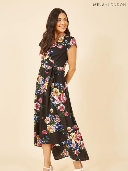 Mela Black Floral Wrap Over Dipped Hem Midi Dress (E06179) | € 31