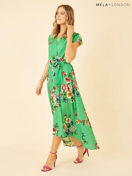 Mela Green Floral Wrap Over Dipped Hem Midi Dress (E06183) | € 31