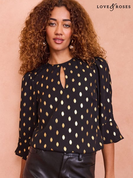 Love & Roses Black Foil Printed Tipped Keyhole Blouse (E06904) | € 27
