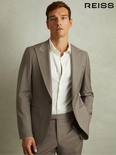 Reiss Mushroom Brown Harley Textured Wool Blend Single Breasted Blazer (E07142) | € 512