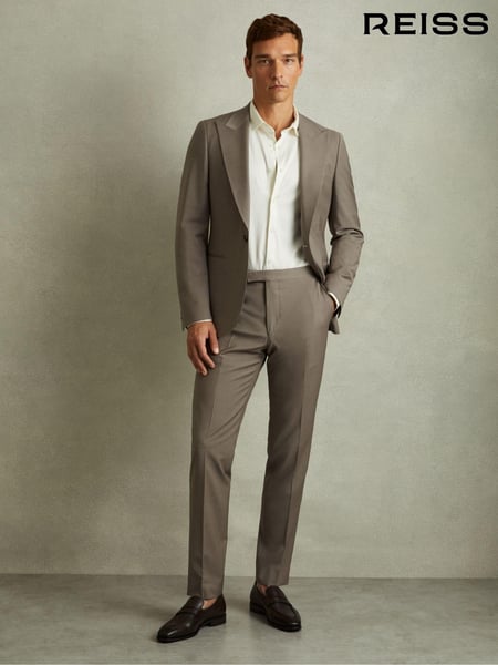 Reiss Mushroom Brown Harley Textured Wool Blend Side Adjuster Tapered Fit Trousers (E07146) | € 262