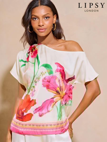 Lipsy Ivory White Printed Satin Slash Neck T-Shirt (E07275) | € 22