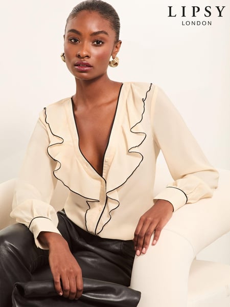 Lipsy Ivory White Tipped V Neck Ruffle Long Sleeve Blouse (E07282) | € 38