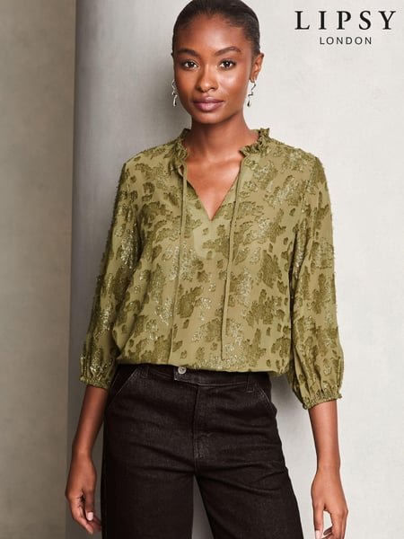 Lipsy Khaki Green 3/4 Sleeve Metallic Blouse (E07285) | € 27