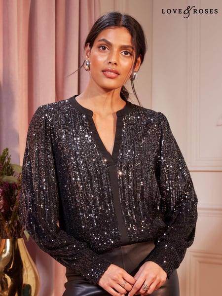 Love & Roses Black Ombre Petite Sequin V Neck Long Sleeve Blouse (E07323) | € 37
