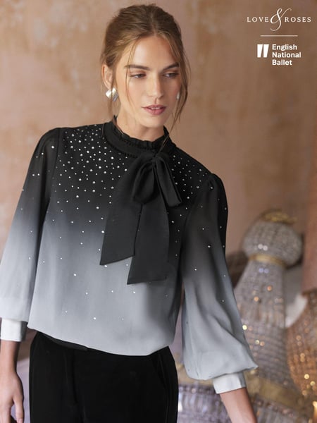 Love & Roses Grey Hotfix Pussy Bow Blouse (E07332) | € 33