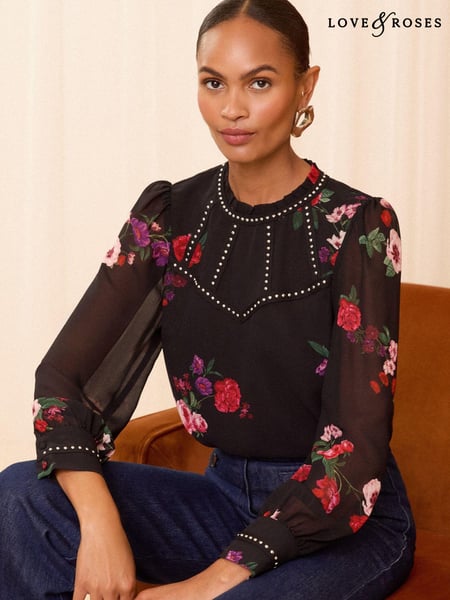 Love & Roses Black Floral Stud Trim Detail Crew Neck Long Sleeve Blouse (E07349) | € 42