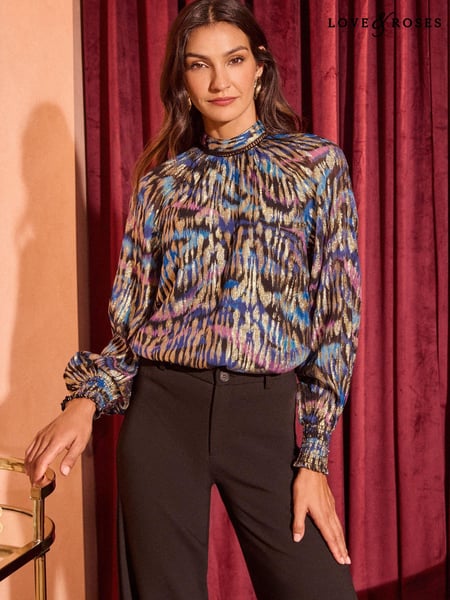 Love & Roses Black Animal Printed Long Sleeve High Neck Blouse (E07350) | € 33
