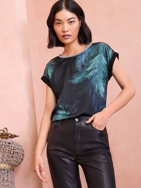 Love & Roses Black Feather Print Satin Front Embellished Neck Jersey Blouse (E07410) | € 28
