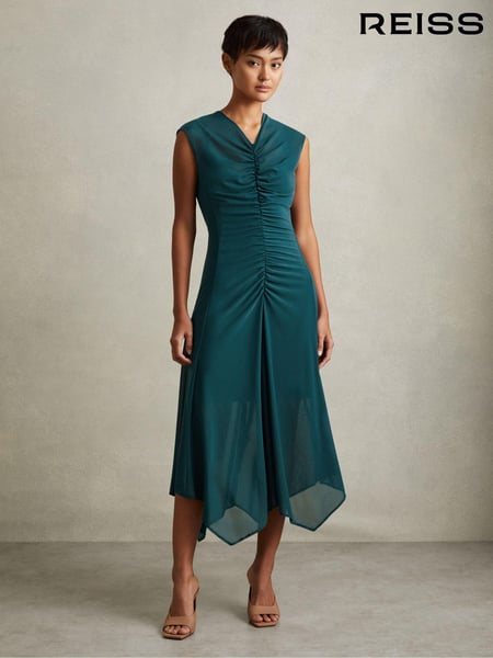 Reiss Teal Lyra Mesh Ruched Midi Dress (E08139) | € 231