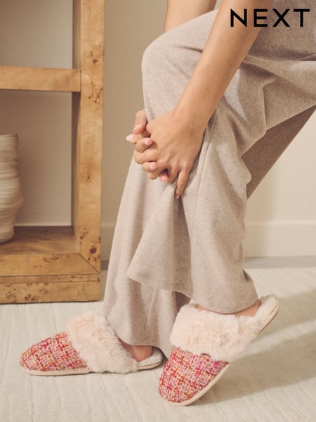 Pink und Orange - Tweed Faux Fur Mule Slippers (E09084) | 13 €