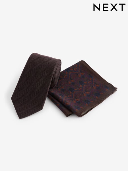 Brown/Navy Blue Navajo Style Silk Tie And Pocket Square Set (E09967) | € 23