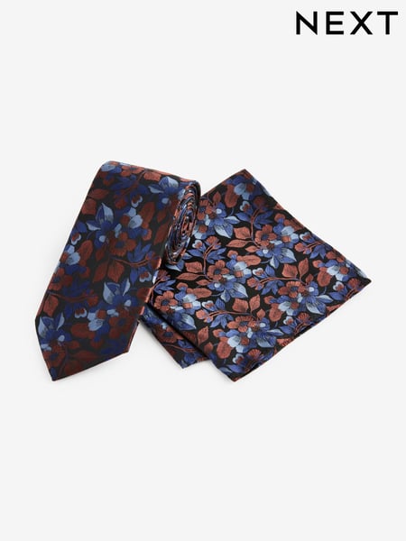 Rust Orange/Blue Floral Tie And Pocket Square Set (E09986) | € 16