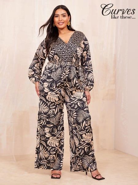 Curves Like These Black/White Long Sleeve Wrap Jumpsuit (E10576) | € 42