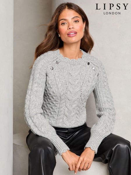 Lipsy Grey Cable Button Detail Knitted Jumper (E10689) | € 30