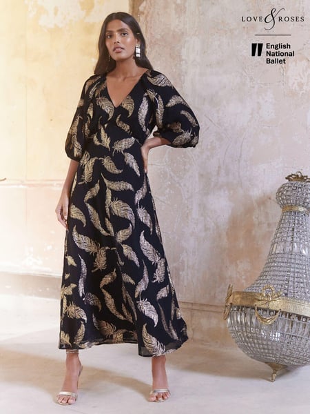 Love & Roses Black Feather Jacquard Puff Sleeve Midi Dress (E10795) | € 65