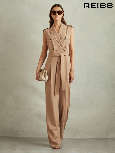Reiss Stone Luisa Wool Blend Double Breasted Belted Jumpsuit (E11041) | € 387