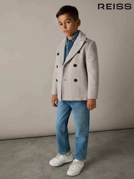 Reiss Soft Grey Melange Bergamo 3-9 yrs Wool-Blend Twill Double-Breasted Coat (E11065) | € 153