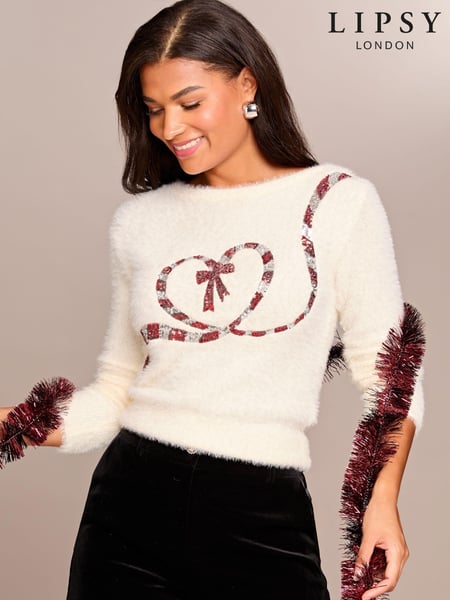 Lipsy Candy Cane Christmas Slogan Crew Neck Knitted Jumper (E11132) | € 34