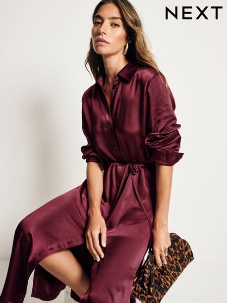 Burgundy Red Satin Midi Shirt Dress (E12173) | € 20