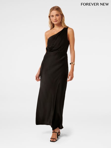 Forever New Black Emily One Shoulder Satin Maxi Dress (E12252) | € 172