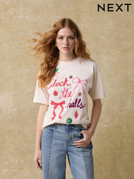 Ecru Christmas Short Sleeve 100% Cotton T-Shirt (E12281) | € 16