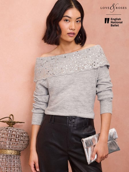 Love & Roses Grey Petite Off The Shoulder Jumper (E12587) | € 36