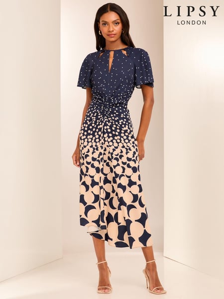 Lipsy Navy Ruched Front Keyhole Cut Out Asymmetrical Midi Dress (E12645) | € 57