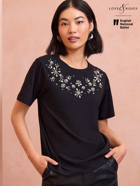 Love & Roses Black Embellished Jersey T-Shirt (E12676) | € 25