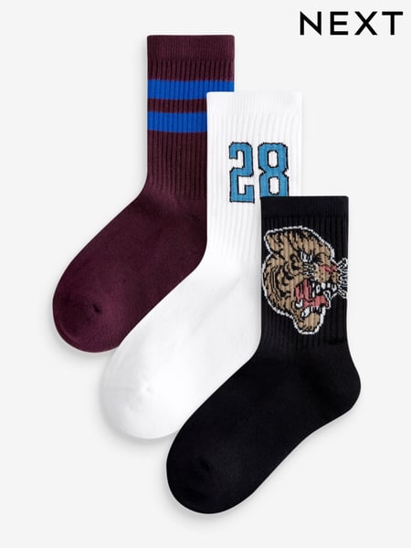 Varsity Tiger Cushioned Footbed Cotton Rich Ribbed Socks 3 Pack (E13094) | € 6 - € 9