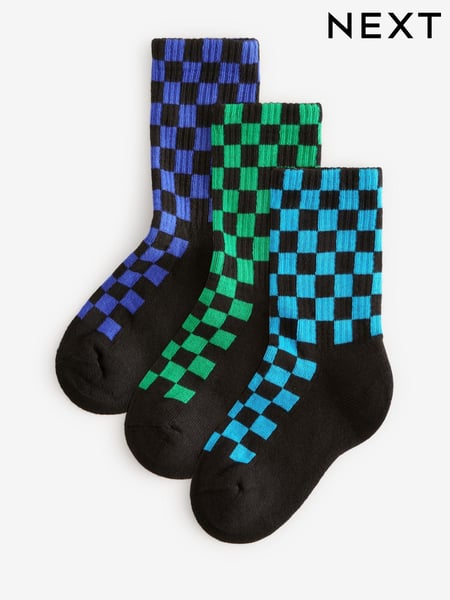 Checkerboard Cushioned Footbed Cotton Rich Ribbed Socks 3 Pack (E13100) | € 6 - € 9