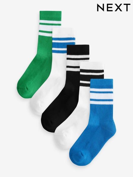 Blue/Green/White Cushioned Footbed Cotton Rich Ribbed Tipped Socks 5 Pack (E13104) | € 7 - € 9