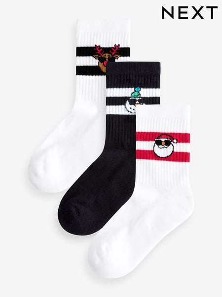 Christmas Santa Reindeer Snowman Cushioned Footbed Cotton Rich Ribbed Socks 3 Pack (E13157) | € 6 - € 9