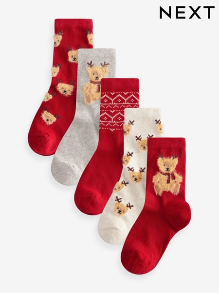 Red/Cream Bear Cotton Rich Christmas Socks 5 Pack (E13164) | € 7 - € 9