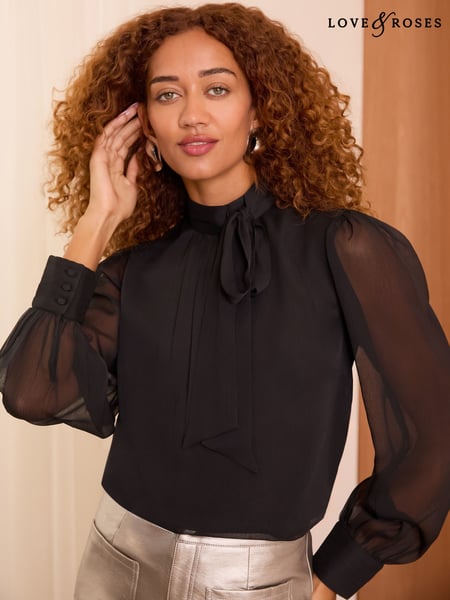 Love & Roses Black Pintuck Pussybow Blouse (E13279) | € 29