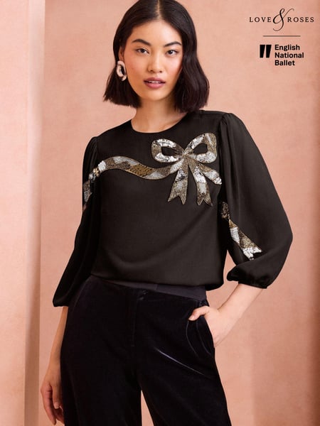 Love & Roses Black Petite Sequin Bow Design Short Sleeve Blouse (E13296) | € 52