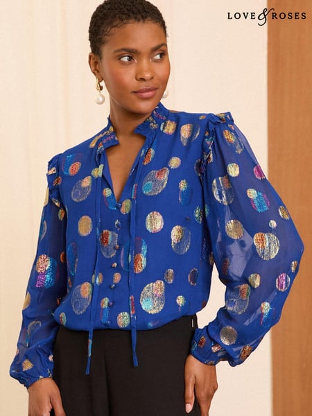Love & Roses Blue Ruffle Sheer Tie Neck Long Sleeve Blouse (E13304) | € 31