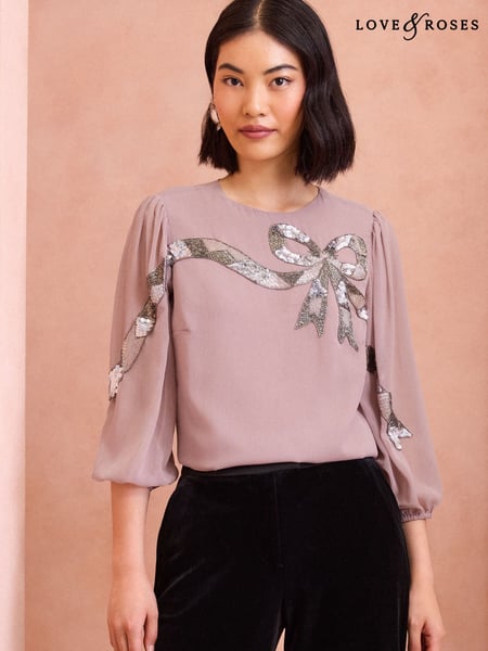 Love & Roses Pink Sequin Bow Design Short Sleeve Blouse (E13309) | € 37