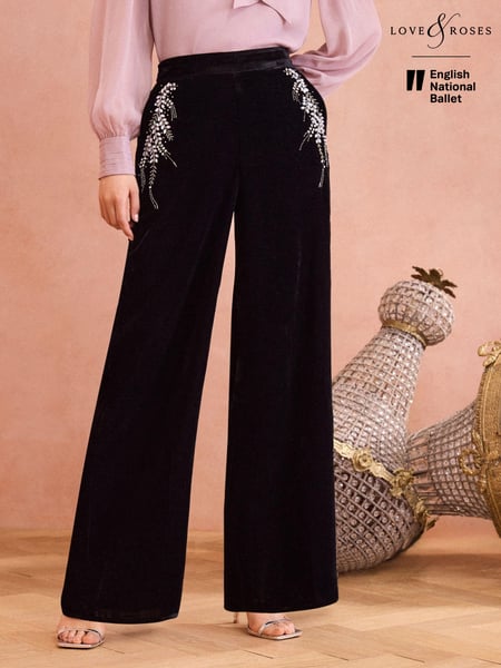 Love & Roses Black Velvet Hand Embellished Wide Leg Trouser (E13555) | € 36