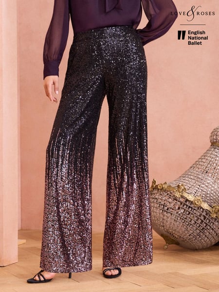 Love & Roses Pink Petite Ombre Sequin Wide Leg Trouser (E13573) | € 42
